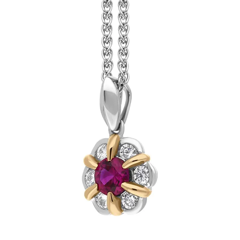 18ct White and Rose Gold Ruby Diamond Flower Cluster Necklace