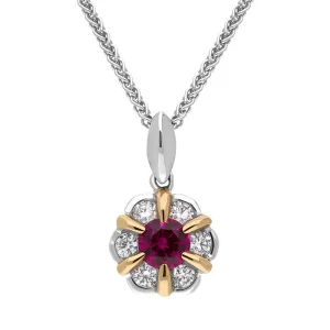 18ct White and Rose Gold Ruby Diamond Flower Cluster Necklace