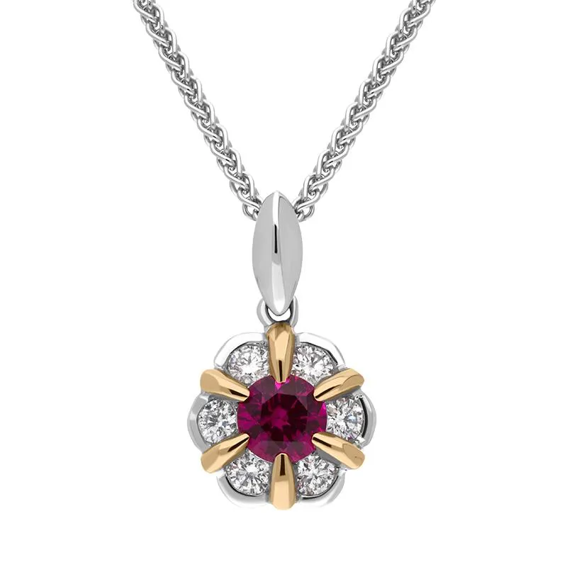 18ct White and Rose Gold Ruby Diamond Flower Cluster Necklace