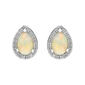 18ct White and Yellow Gold Opal Diamond Pear Cut Cluster Stud Earrings