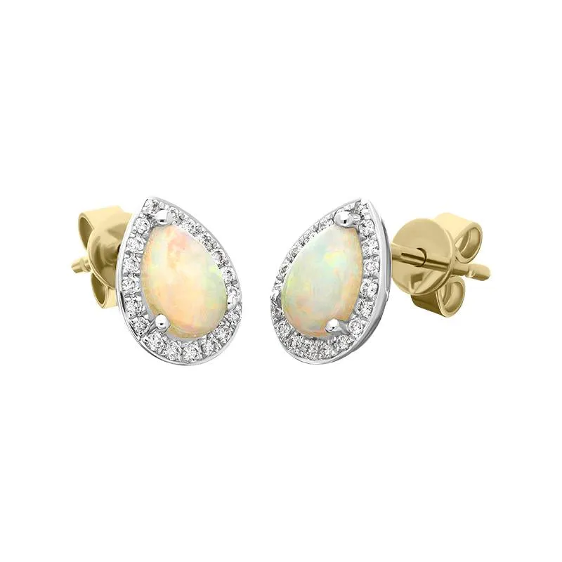 18ct White and Yellow Gold Opal Diamond Pear Cut Cluster Stud Earrings