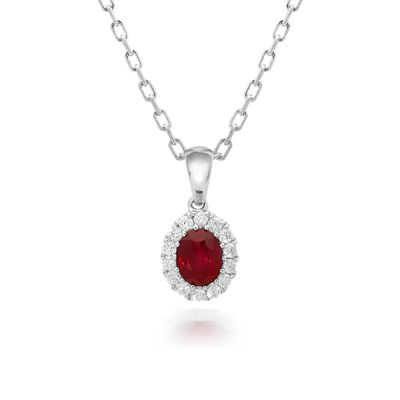 18ct White Gold 0.45ct Ruby Diamond Oval Cluster Necklace