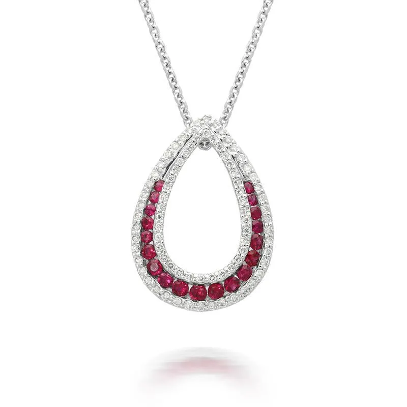 18ct White Gold 0.48ct Ruby Diamond Open Teardrop Necklace