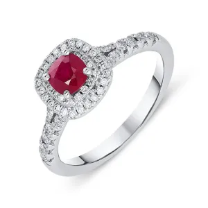 18ct White Gold 0.54ct Ruby Diamond Cushion Cut Ring D