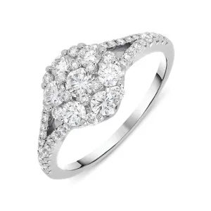 18ct White Gold 0.94ct Diamond Split Shoulder Round Cluster Ring