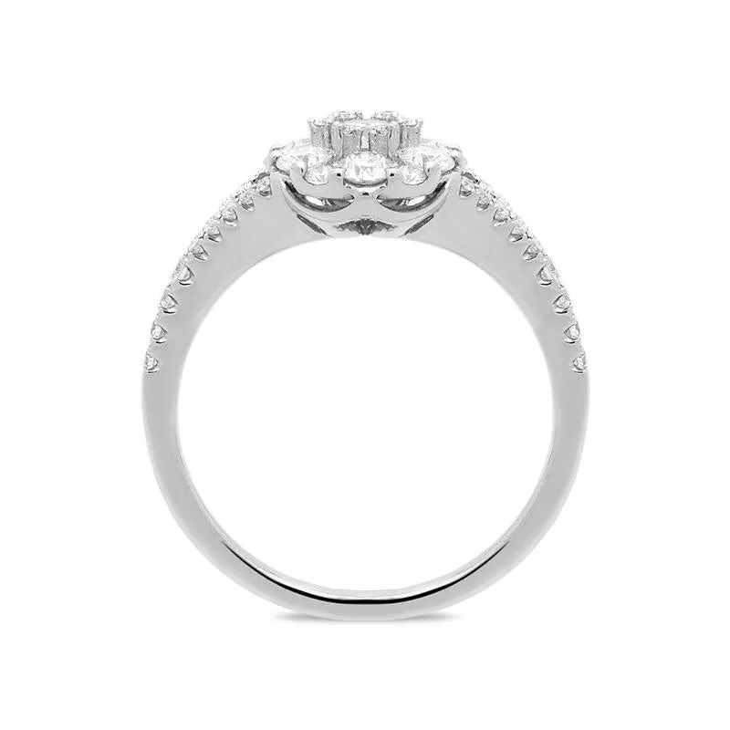 18ct White Gold 0.94ct Diamond Split Shoulder Round Cluster Ring