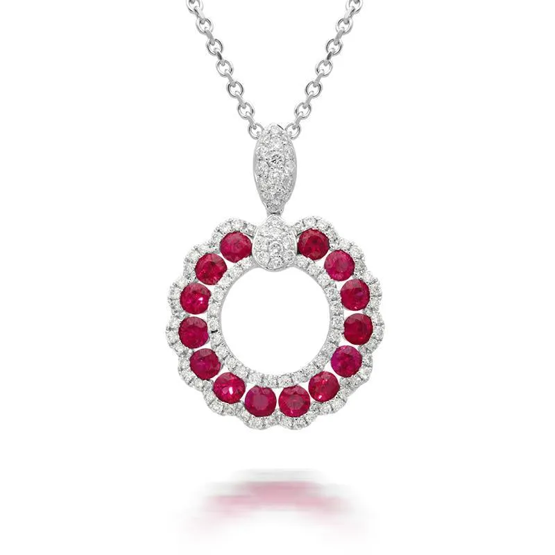 18ct White Gold 1.08ct Ruby Diamond Open Cluster Necklace
