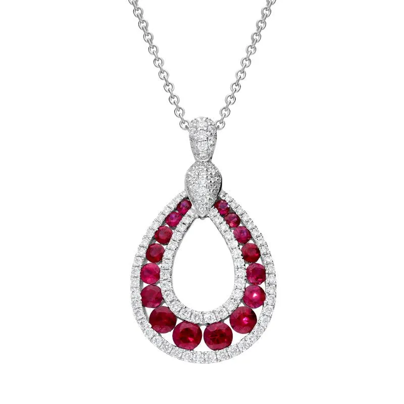 18ct White Gold 1.18ct Ruby 0.52ct Diamond Open Pear Necklace