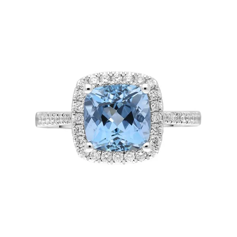 18ct White Gold 2.37ct Aquamarine 0.36ct Diamond Cushion Cut Ring