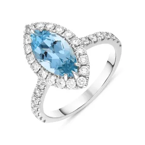 18ct White Gold Aquamarine Diamond Marquise Cut Shoulder Set Cluster Ring
