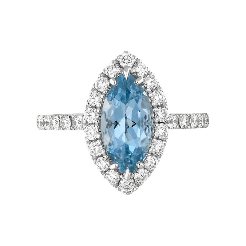 18ct White Gold Aquamarine Diamond Marquise Cut Shoulder Set Cluster Ring