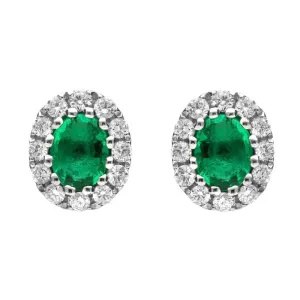 18ct White Gold Emerald and Diamond Oval Stud Earrings