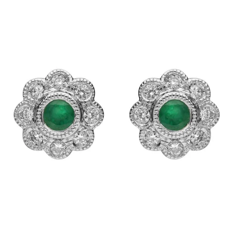 18ct White Gold Emerald and Diamond Round Flower Stud Earrings