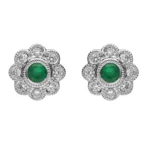 18ct White Gold Emerald and Diamond Round Flower Stud Earrings