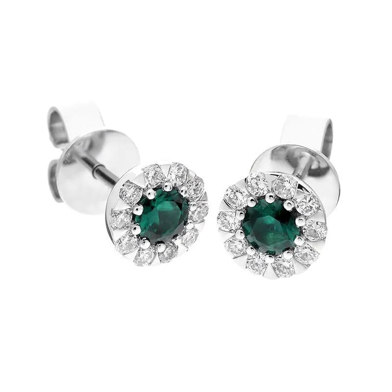 18ct White Gold Emerald Diamond Cluster Stud Earrings