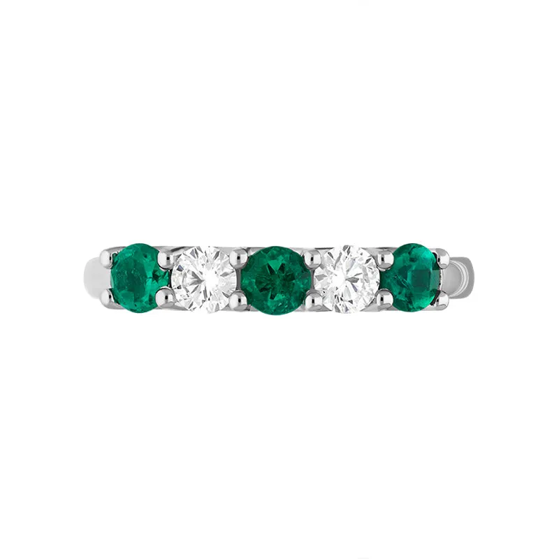 18ct White Gold Emerald Diamond Five Stone Half Eternity Ring