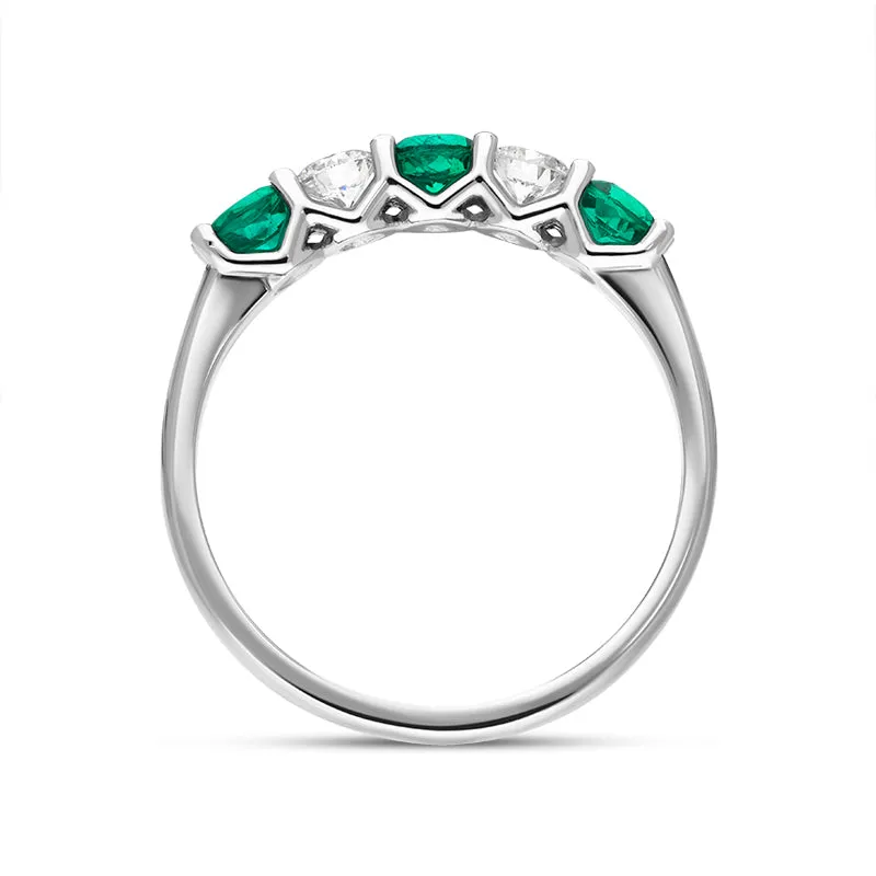 18ct White Gold Emerald Diamond Five Stone Half Eternity Ring