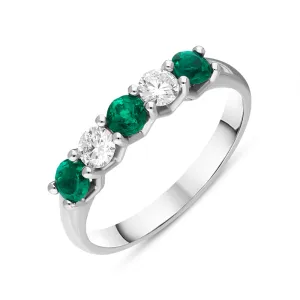 18ct White Gold Emerald Diamond Five Stone Half Eternity Ring