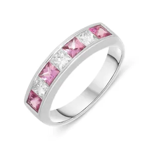 18ct White Gold Pink Sapphire Diamond Princess Cut Half Eternity Ring