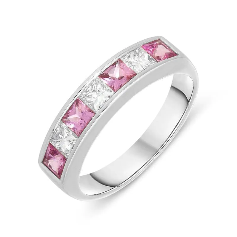 18ct White Gold Pink Sapphire Diamond Princess Cut Half Eternity Ring