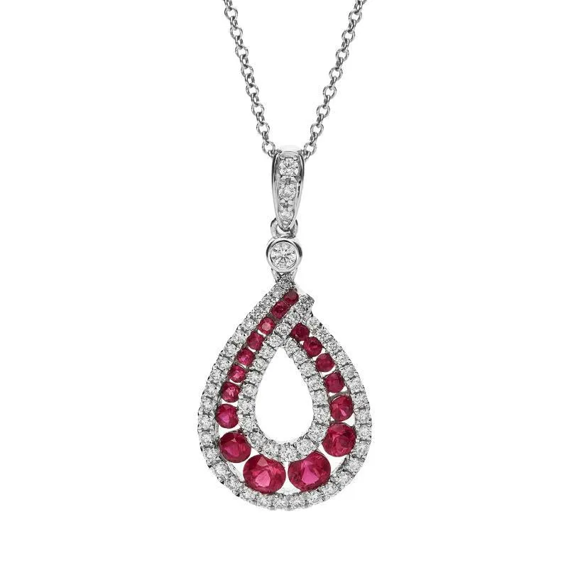 18ct White Gold Ruby and Diamond Open Teardrop Necklace