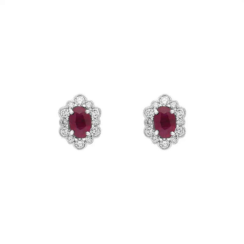 18ct White Gold Ruby Diamond Cluster Oval Stud Earrings