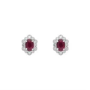 18ct White Gold Ruby Diamond Cluster Oval Stud Earrings