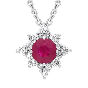 18ct White Gold Ruby Diamond Cluster Star Pendant Necklace