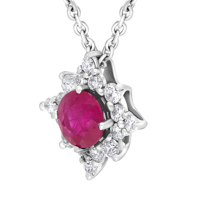 18ct White Gold Ruby Diamond Cluster Star Pendant Necklace