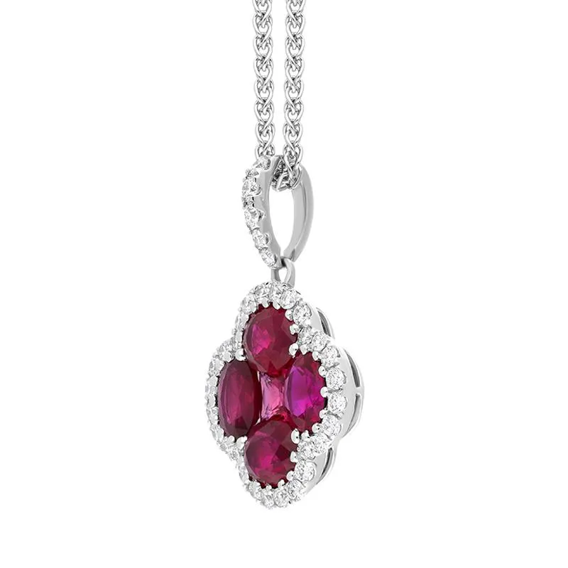 18ct White Gold Ruby Diamond Flower Cluster Necklace
