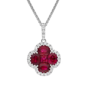 18ct White Gold Ruby Diamond Flower Cluster Necklace