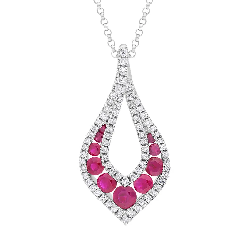 18ct White Gold Ruby Diamond Open Teardrop Pendant Necklace