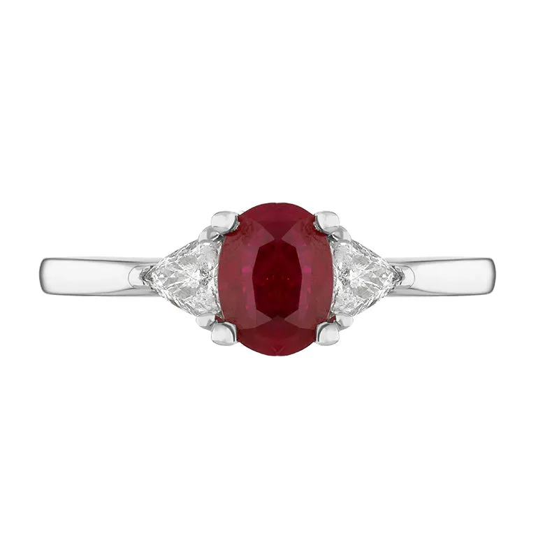 18ct White Gold Ruby Diamond Oval and Pear Cut Three Stone Ring