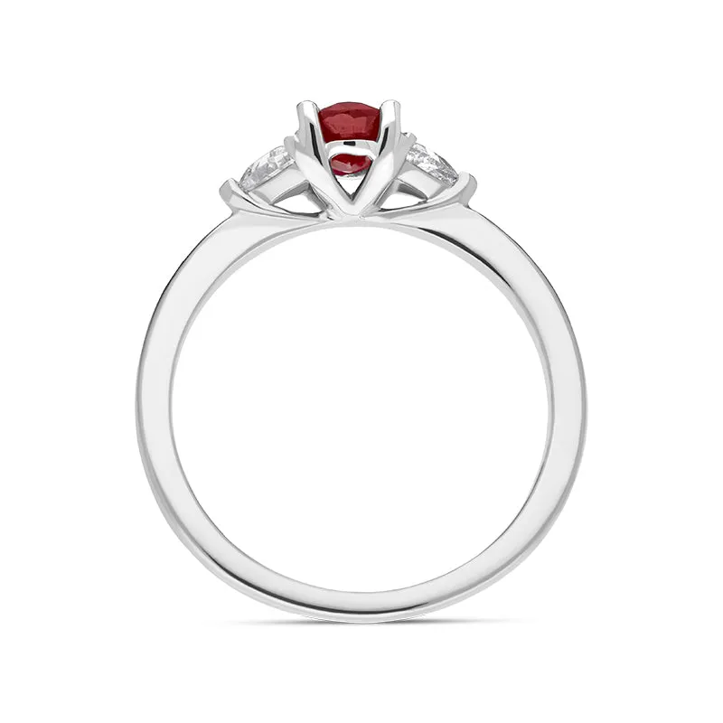 18ct White Gold Ruby Diamond Oval and Pear Cut Three Stone Ring