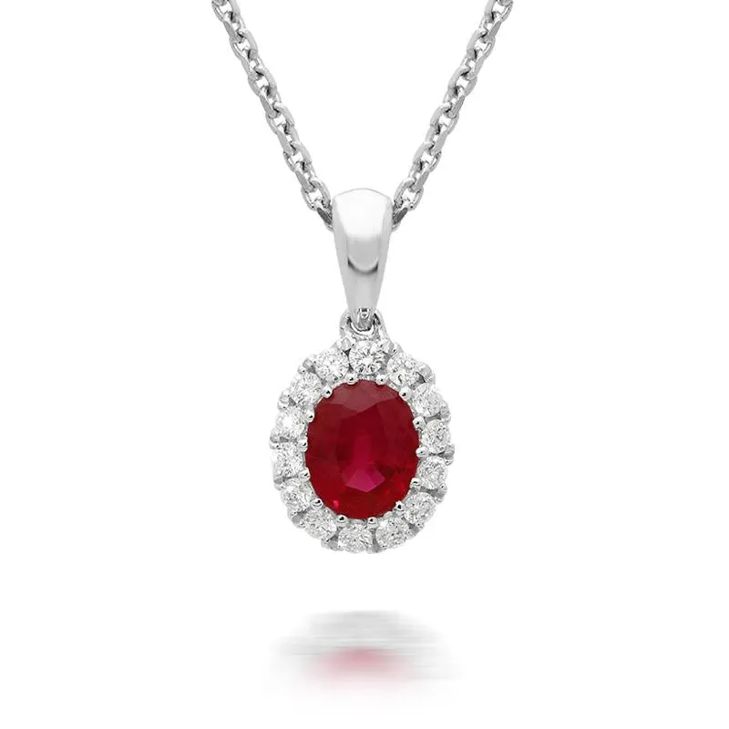 18ct White Gold Ruby Diamond Oval Cluster Necklace