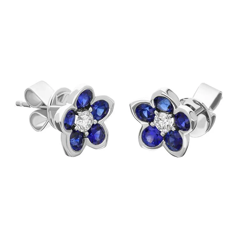 18ct White Gold Sapphire Diamond Flower Cluster Stud Earrings