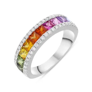 18ct White Gold Sapphire Diamond Princess Cut Multicolour Half Eternity Ring