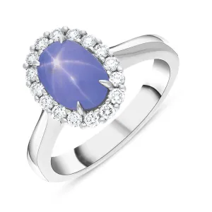 18ct White Gold Star Sapphire Diamond Oval Cluster Ring