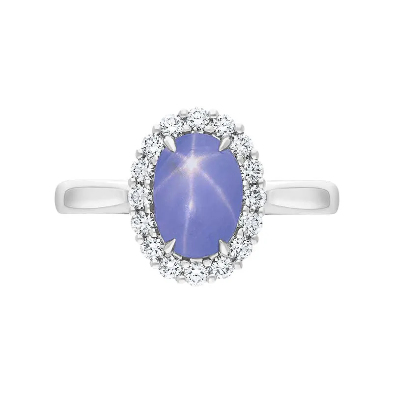 18ct White Gold Star Sapphire Diamond Oval Cluster Ring