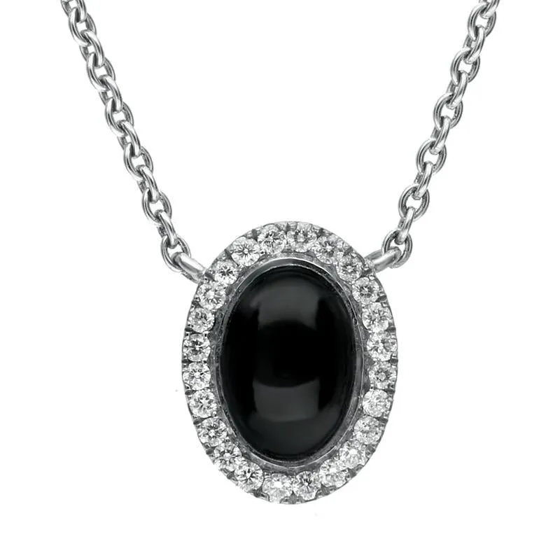 18ct White Gold Whitby Jet 0.10cts Diamond Oval Cluster Necklace