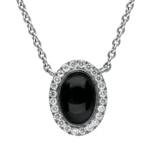 18ct White Gold Whitby Jet 0.10cts Diamond Oval Cluster Necklace