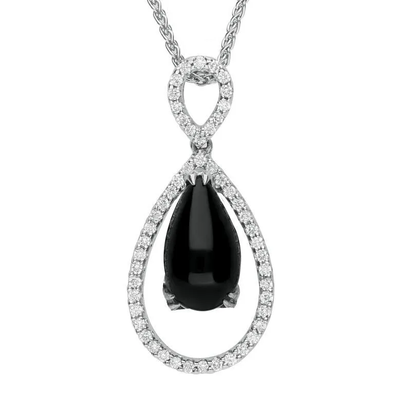 18ct White Gold Whitby Jet 0.31ct Diamond Open Pear Necklace D