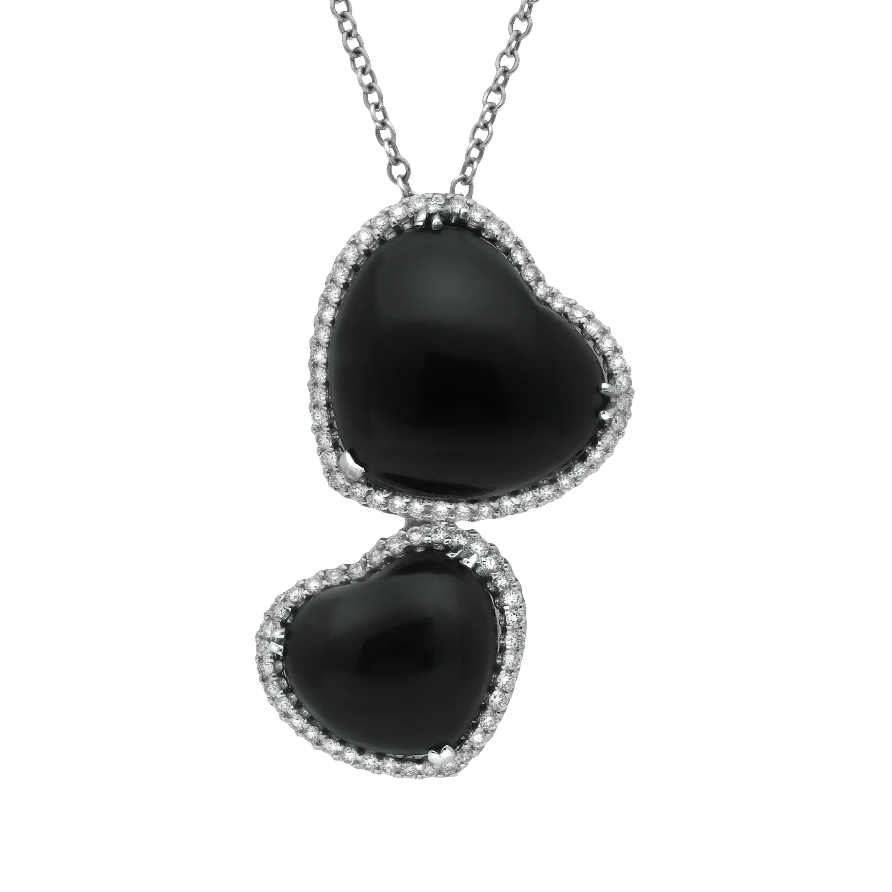 18ct White Gold Whitby Jet 0.53ct Diamond Double Heart Necklace D