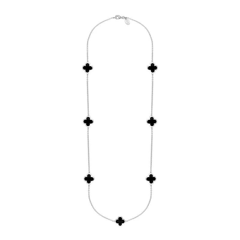 18ct White Gold Whitby Jet Bloom Four Leaf Clover Long Necklace