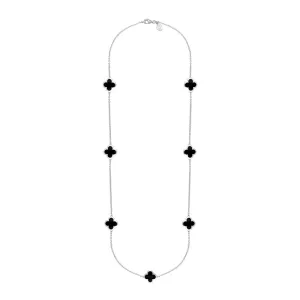 18ct White Gold Whitby Jet Bloom Four Leaf Clover Long Necklace