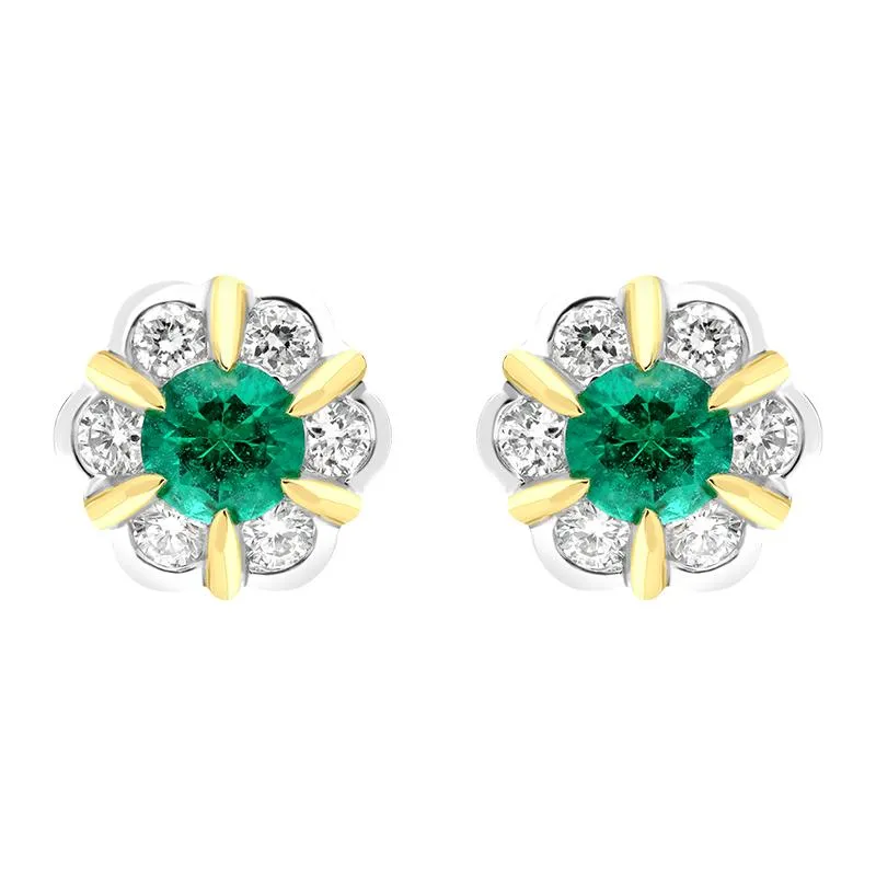 18ct White Yellow Gold 0.18ct Emerald 0.28ct Diamond Cluster Stud Earrings