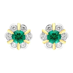 18ct White Yellow Gold 0.18ct Emerald 0.28ct Diamond Cluster Stud Earrings