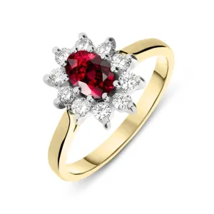 18ct Yellow Gold 0.48ct Ruby 0.29ct Diamond Oval Claw Set Cluster Ring