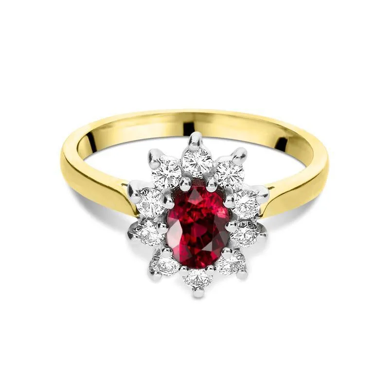 18ct Yellow Gold 0.48ct Ruby 0.29ct Diamond Oval Claw Set Cluster Ring