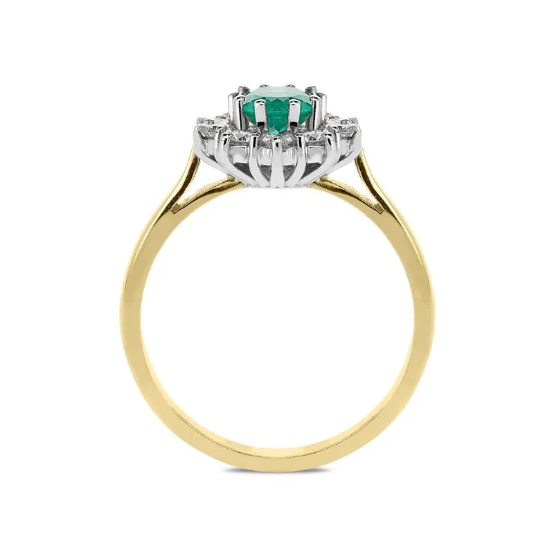 18ct Yellow Gold 0.55ct Emerald Diamond Cluster Ring
